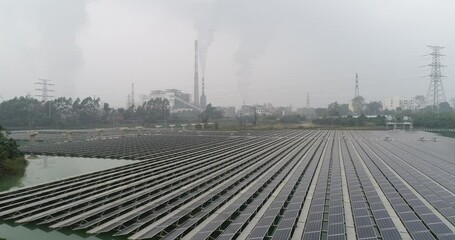 Wall Mural - Aerial photography of the floating photovoltaic power station and the thermal power station in the distance