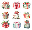 Set of watercolor christmas gift boxes isolated on white.