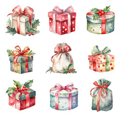 set of watercolor christmas gift boxes isolated on white.