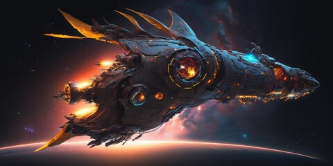Sticker - biomechanical starship traveling through space scifi high quality technology. generative ai aig16.