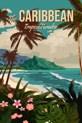 Wall Mural - Travel poster Caribbean tropical resort vintage