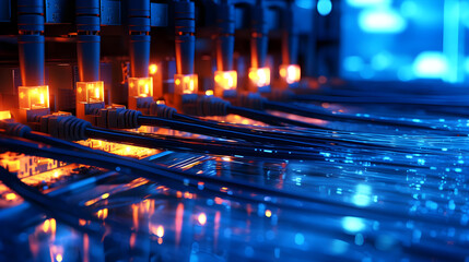 Multicolored electric cables and led, optical fiber background for technology image and new business trends, AI generated