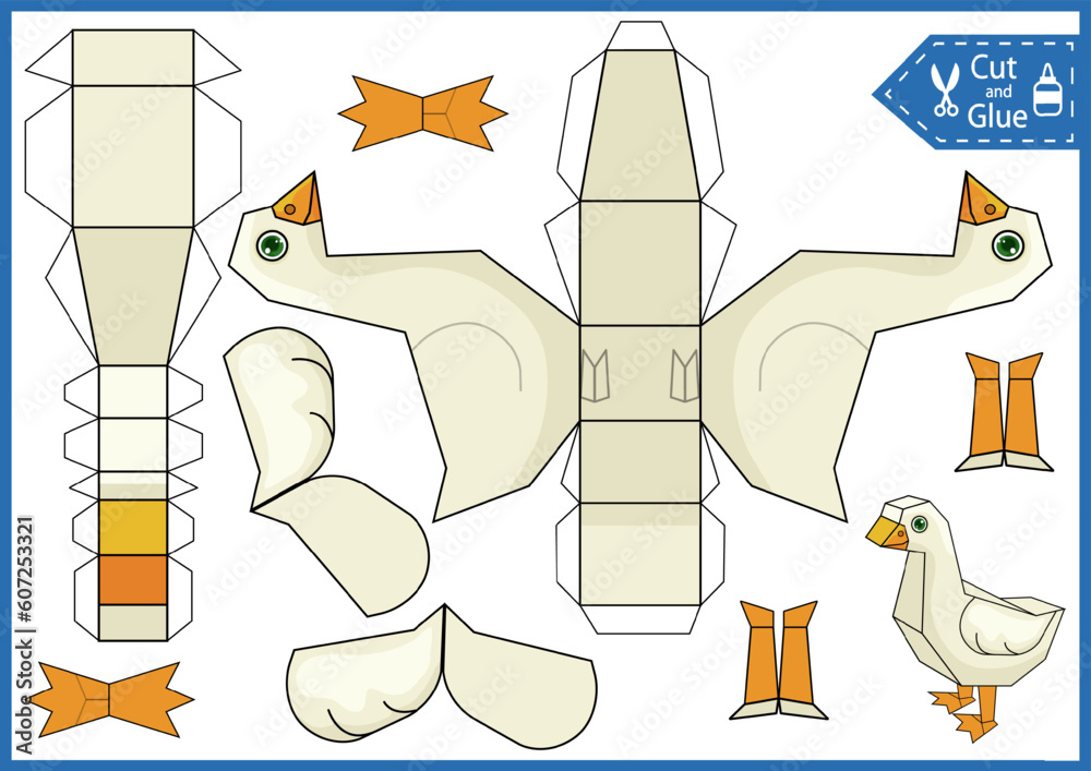 Kids paper craft activity page template. Cut and glue a paper model goose. DIY papercraft cutout puzzle animal toys. Children activity worksheet and education game. Stock Vector | Adobe Stock