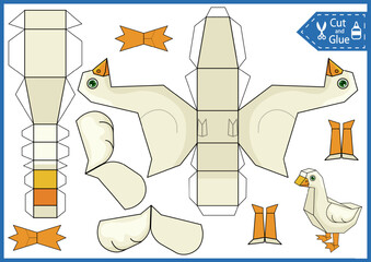 Poster - Kids paper craft activity page template. Cut and glue a paper model goose. DIY papercraft cutout puzzle animal toys. Children activity worksheet and education game. 