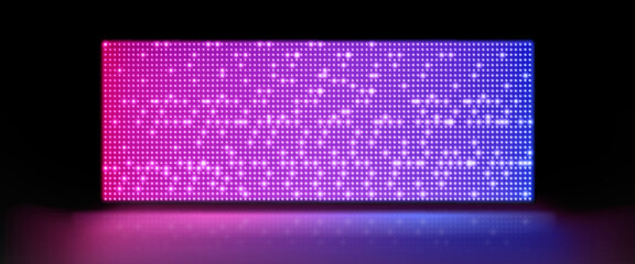 Poster - Realistic LED screen on stage. Vector illustration of large LCD display with glowing neon blue and pink dot lights isolated on black background. Concert hall, modern theater, night club decoration