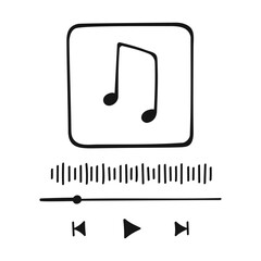 Wall Mural - Music player interface in doodle style with buttoms, loading bar, sound wave sign and frame for album photo. Hand drawn audio player template. Vector graphic illustration.