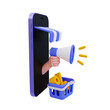 © peerapong - 3d minimal online shopping concept. e-commerce store. special discount offer. smartphone with hand holding a megaphone and shopping basket. 3d illustration.