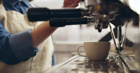 Wall Mural - Closeup, start and barista with a coffee machine, woman and morning espresso with service. Zoom, female person and employee with a cup, cappuccino and latte with a drink order, restaurant and cafe