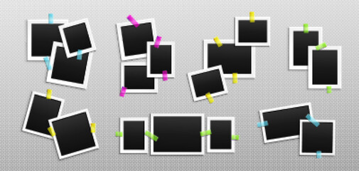 Poster - Images collage template with photo frames with sticky tape. Album or gallery mockup with empty paper snapshots with white border isolated on transparent background, vector realistic set