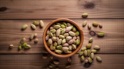 Wall Mural - Bowl with pistachio on wooden table Generative AI