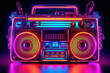 Neon psychedelic 1980s' style ghetto blaster with speakers and cassette player.  Generative AI.