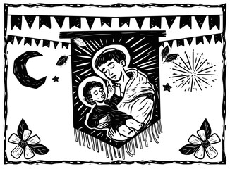 Feast of San Antonio. Traditional celebration of the Brazilian Northeast. This Saint is known as the Matchmaker Saint. Art in woodcut style and cordel literature.