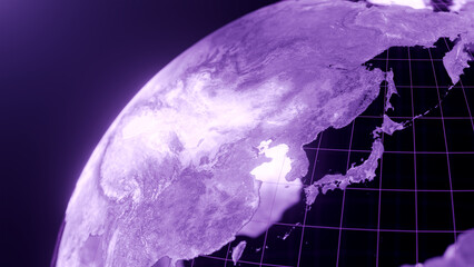 3D render of asia and japan globe map, Technology and Futuristic purple line glowing Earth Background