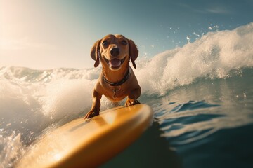 Wall Mural - Image of a happy dachshund surfing on a surfboard at the beach on a sunny day.