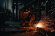 Industrial worker with protective mask welding steel structure in a factory