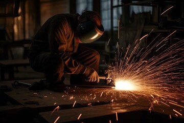 Industrial worker with protective mask welding steel structure in a factory