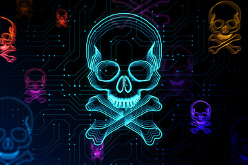 Poster - Glowing skull and bones digital illustration, dark screen texture background, hacking attack and piracy concept. 3D Rendering