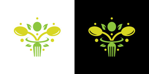 Healthy food diet logo design with spoon, fork, and leaf design graphic vector illustration. Symbol, icon, creative.