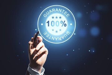 Poster - Close up of man hand pointing at glowing 100% guarantee stamp hologram on dark background with bokeh circles. Quality seal and warranty concept.