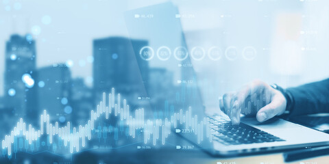 Aufkleber - Close up of man hand using laptop keyboard with creative candlestick forex chart or graph on blurry wide city background. Financial trade market and stock concept. Double exposure.