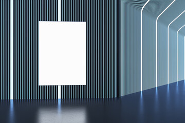 Poster - Modern futuristic blue corridor with empty white mock up banner, reflections. Designs concept. 3D Rendering.