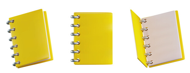 Render of a yellow notepad or notebook on a metal spring from different angles. Vector 3d illustration