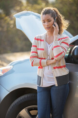 Wall Mural - Woman talking on cell phone with automobile hood raised at roadside