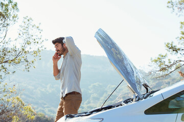 Wall Mural - Man talking on cell phone with automobile hood raised at roadside