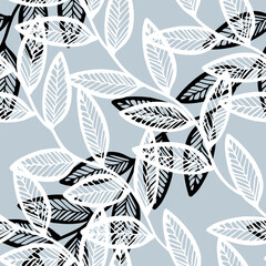 Wall Mural - Vector Illustration of black and white doodle leaves isolated on a gray background, Seamless diagonal pattern