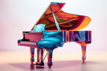 Poster -  A digital illustration of a grand piano, with vibrant colors and dynamic shapes, capturing the elegance and sophistication of the instrument.  Generative AI technology.
