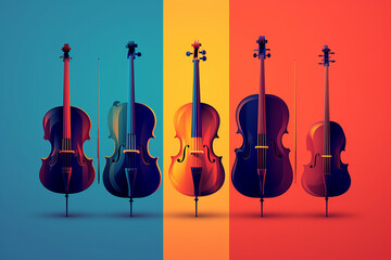 Aufkleber -  A minimalist graphic design poster featuring the silhouettes of various musical instruments against a bold, colorful background, evoking a sense of creativity and harmony.  Generative AI technology.