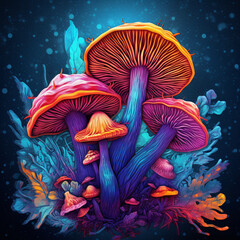 Aufkleber -  A digital rendering of psychedelic mushrooms, with vibrant and surreal colors, representing their hallucinogenic properties and cultural significance. Generative AI technology.