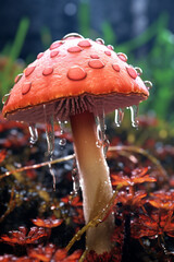 Aufkleber -  A macro photograph of a mushroom cap covered in dewdrops, creating a sense of freshness and capturing the delicate nature of the fungi. Generative AI technology.