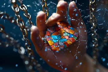 Fototapete -  A conceptual photograph of a human hand with chains wrapped around it, placed against a backdrop of shattered glass,  Generative AI technology.