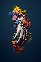 Fototapete -  A conceptual photograph featuring a human hand bound in chains, with delicate flowers growing through the gaps, representing resilience and hope.  Generative AI technology.