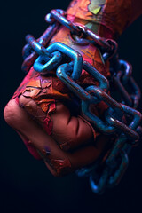 Fototapete - A close-up photograph of a person's hand holding a broken chain, symbolizing the liberation from past hardships and embracing a new beginning.   Generative AI technology.
