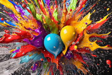 Poster -  A composite image featuring multiple splashes of different colors converging at a central point, creating a visually mesmerizing and harmonious composition. Generative AI technology.
