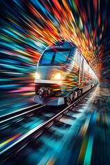 Poster -  An abstract representation of a train in motion, using geometric shapes and vibrant colors to convey its energy and speed.  Generative AI technology.