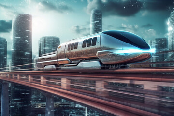 Poster - A digital artwork showcasing a futuristic magnetic levitation (maglev) train, hovering above the tracks, Generative AI technology.