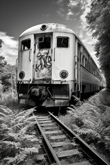 Poster -  A black and white image of an old abandoned train, covered in rust and overgrown with vegetation, evoking a sense of mystery and nostalgia.  Generative AI technology.