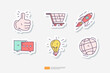 thumb up hand, wheel trolly, Rocket launch, chat bubble conversation, creativity with bulb lamp, world globe. customer evaluating feedback concept doodle sticker set icon vector illustration