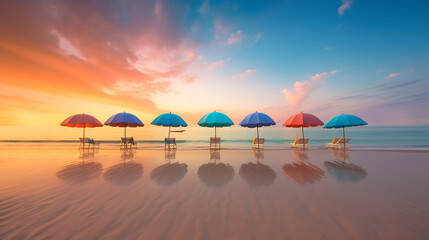 A mesmerizing symmetrical summer beach scene with a row of colorful beach umbrellas lined up on golden sand. generative ai