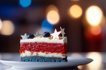 4th July Independence day slice of cake with red, blue and white colors and star sprinkles. Generative AI illustration