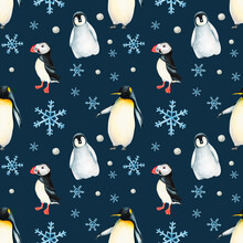 Watercolor Winter Seamless Pattern With King Penguins Under Snowflakes And Puffin Birds Isolated. Hand Painting Realistic Arctic And Antarctic Ocean Mammals. For Designers, Decoration, Postcards, 