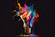 Creative light bulb explodes with splashes of multi-colored paint on a dark background. Generate Ai