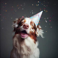 Wall Mural - Cute dog with a party hat celebrating her birthday, confetti falling. Generate Ai