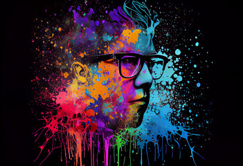 a person with glasses in rainbow color splash. Generate Ai.