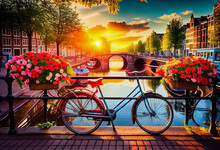 Beautiful Summer Sunrise On The Famous UNESCO World Heritage Canals Of Amsterdam, Generate Ai.