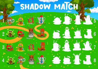 Poster - Shadow match of fairytale cartoon buildings. Vector kids worksheet game with fantasy house silhouettes. Apple, strawberry, watering can, cabbage, boot and cup and pineapple on green meadow in forest