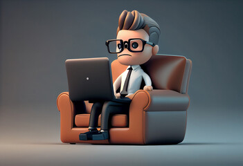 Cartoon character businessman sitting in a chair with laptop. 3d illustration. Generate Ai.